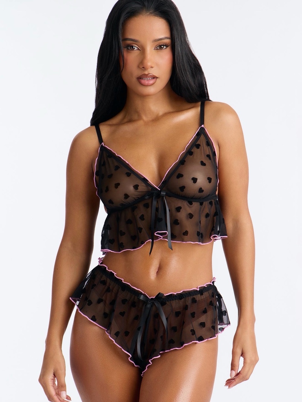 Sheer Black Heart-Print Ruffle Bralette & Brief Set